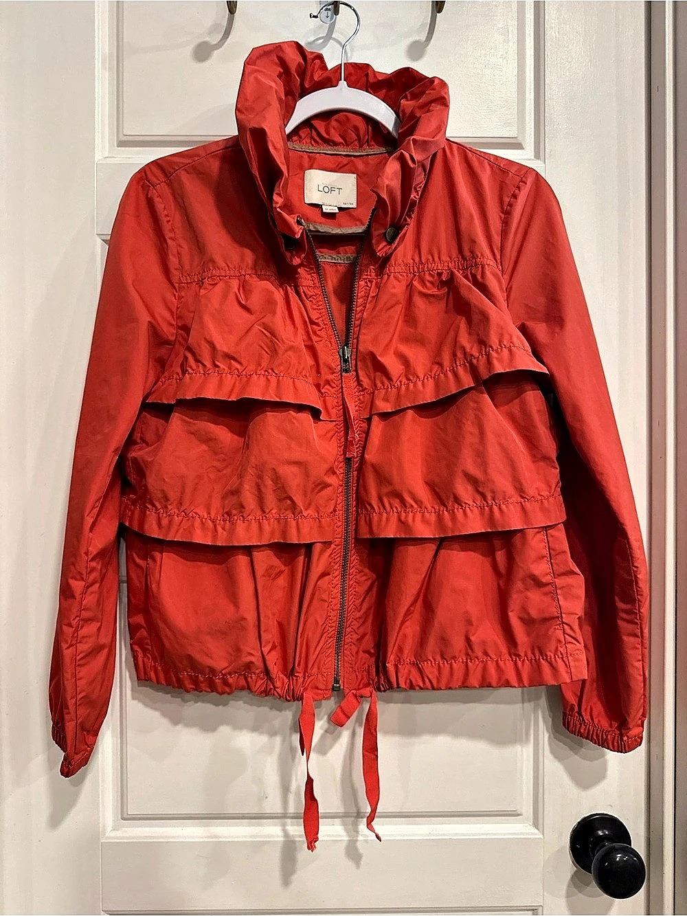 LOFT Ruffled Windbreaker Jacket Red Utility Jacket Small Petite